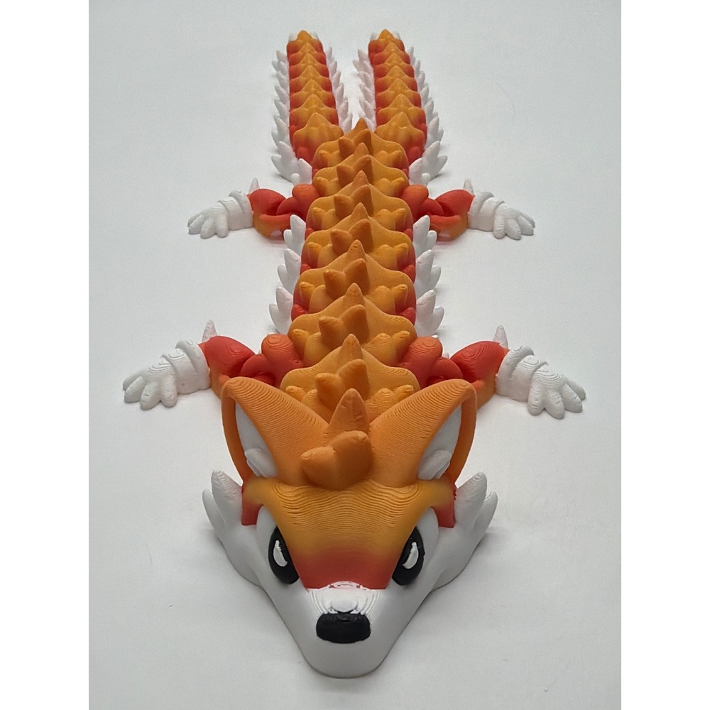 3D Printed Articulated Fox Dragon Hybrid Fidget Toy Orange White 13 Inch